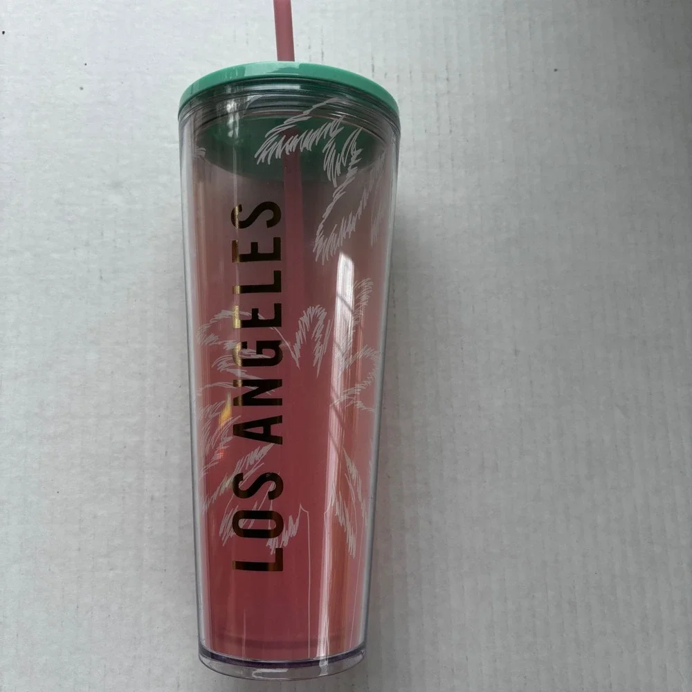Starbucks Los Angeles Palm Tree Pink Iridescent Venti Tumbler‎ 24oz  Lid Straw